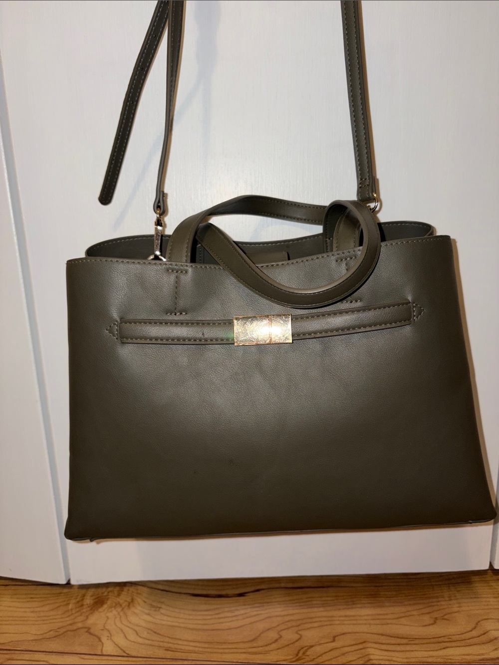 Olive Green Belted Satchel Handbag From A New Day With Detachable Crossbody Gold